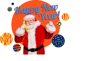 Composite photo collage of happy old man santa claus speak telephone handset wish new year tradition winter isolated on painted background