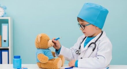 A young child dressed as a doctor examines a teddy bear in a playful setting.