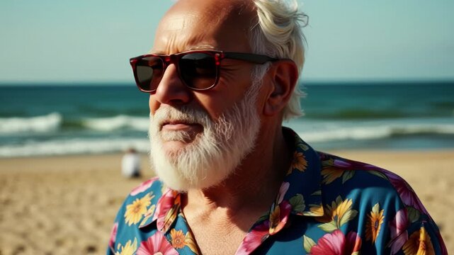 An elderly man with a beard and sunglasses, enjoying life in his colorful floral shirt
