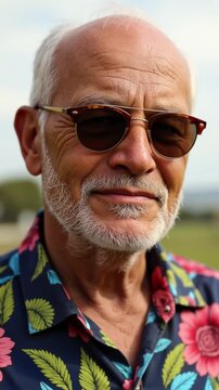 An elderly man with a beard and sunglasses, enjoying life in his colorful floral shirt