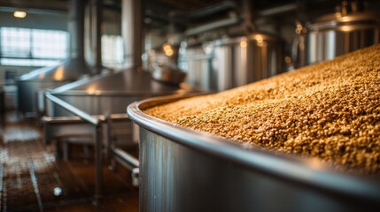 Stunning photo of close up of malted barley in a mash tun at a brewery, beer production.
