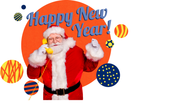 Composite trend artwork sketch photo collage of newyear merry christmas holiday winter celebrate aged man santa claus talk phone wish ball