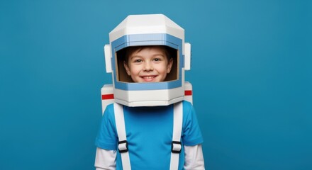 A young boy smiles, wearing a homemade astronaut helmet and backpack against a solid blue background.