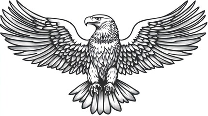 Obraz premium Majestic eagle soars, wings outstretched, detailed feathers in grayscale illustration