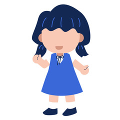 Illustration of a smiling cartoon girl in a blue dress and pigtails