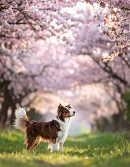 A Border Collie stands in a vibrant cherry blossom grove.  Soft sunlight filters through the pink blossoms, highlighting the dog's coat and the lush green grass
