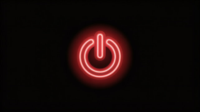 A glowing red neon power button symbol on a dark, black background, representing energy, technology, and the concept of starting or stopping