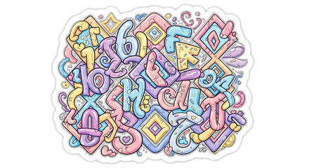 Colorful abstract letter art with geometric shapes and pastel hues on a white background sticker design