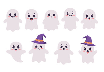 Eight Cartoon White Ghosts with Various Facial Expressions and Two Ghosts Wearing Purple Witch Hats 
