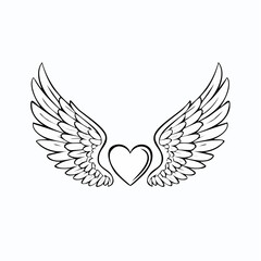 Obraz premium Heart with wings illustration, black and white drawing. Angelic love symbol, simple design.