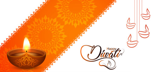 Happy Diwali Festival Celebration Background with Glowing Diya Lamps, Decorative Rangoli Pattern, Bright Orange Festive Design, and Vibrant Indian Holiday Greeting Card Artwork