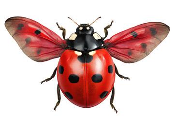 Fototapeta premium A vibrant red ladybug with black spots, wings spread, isolated on transparent background