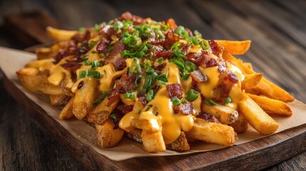 Stunning photo of delicious french fries with cheddar cheese, bacon and green onion on board.