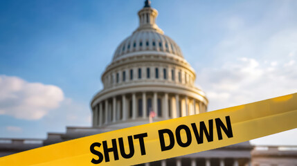 A prominent government building is shown with a "SHUT DOWN" warning tape in the foreground, suggesting a closure or significant event.