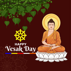 Vesak Day Flyer: Night Scene Social Media Post with Full Moon, Diya Lamps, Enlightenment Message, Buddha Purnima