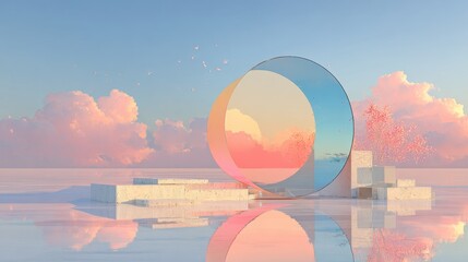 Reflective Serenity, a minimalist composition featuring a mirror on a soft pink backdrop, capturing the tranquil reflection of clouds at sunset, evoking calmness and simplicity.