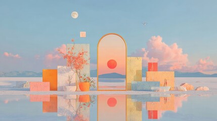 Reflective Serenity, a minimalist composition featuring a mirror against a soft pink backdrop, capturing sunset clouds in tranquil reflection, exuding calm and simplicity.