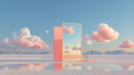Mirror reflecting sunset clouds, set against a pink backdrop, evokes a serene minimalist atmosphere, perfect for contemplation and introspection in a tranquil space