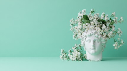 Artistic plaster head adorned with fresh gypsophila and hydrangea, set against a soft green backdrop, exuding a minimalist and serene aesthetic with ample negative space.