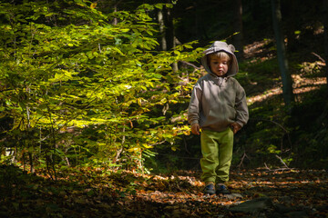 Childhood close to nature, a little boy walking in the forest