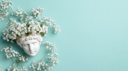 Plaster Head Sculpture Adorned with Fresh Gypsophila and Hydrangea on a Serene Green Backdrop, Emphasizing Minimalism and Artistic Expression
