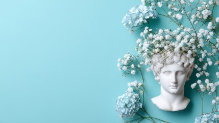 Plaster Head Sculpture Adorned with Fresh Flowers on Green Background, Ancient Art Concept, Minimalist Design, Clean Aesthetic, Vibrant Floral Accents, Decorative Display