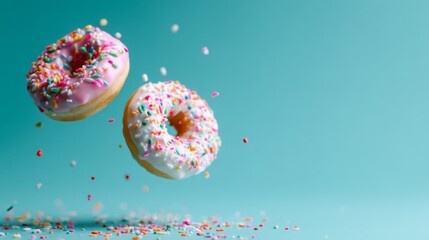 Donut Collision, vibrant donut-shaped balls colliding in a minimalist space, clean backdrop enhances their playful energy and colorful design, inviting curiosity and imagination