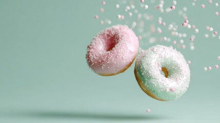 Donut Collision Spheres, vibrant donut-shaped balls in a minimalist setting, floating in free space, showcasing playful colors and smooth textures against a clean background