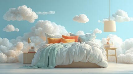Serene Bed in White Clouds, a tranquil bedroom scene featuring a cozy bed with white linens surrounded by soft, fluffy clouds, evoking a sense of comfort and peace.