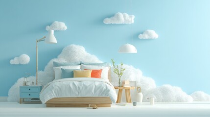 Serene Bedroom Oasis, a tranquil bed adorned with white linens, floating amidst soft, fluffy clouds, creating a serene atmosphere for restful sleep in a minimalist setting.