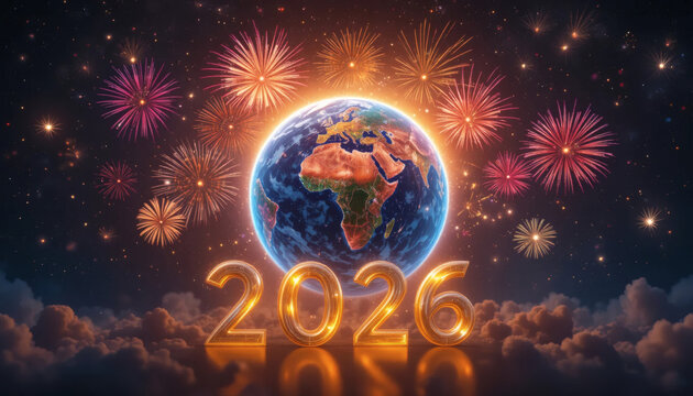 Glowing planet Earth with fireworks around different continents, golden numbers ‘2026’, symbolizing new year celebration.