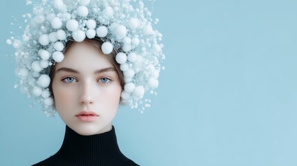 Elegant Woman in White Sphere Headpiece, striking artistic portrait of a beautiful model in a sleek black outfit, set against a soft blue backdrop, featuring a minimalist aesthetic.