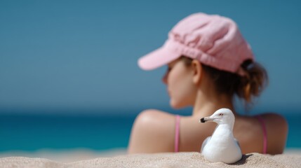 Summer Serenity, vibrant young girls in swimsuits with swimming caps lounging on the beach, a seagull soaring against a clear blue sky, evoking relaxation and joy.