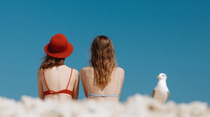 Summer Serenity, young girls in swimsuits and swimming caps relaxing on the beach, a seagull overhead, vibrant blue sky, evoking a sense of carefree vacation bliss.