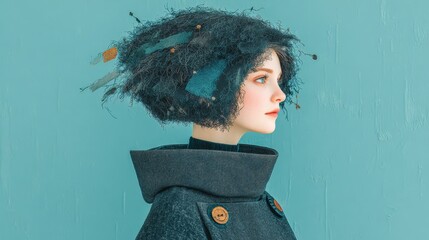 Artistic portrait of a model featuring a textured black wool-like hairstyle, embodying tranquility and creativity in an abstract minimalist setting with ample free space