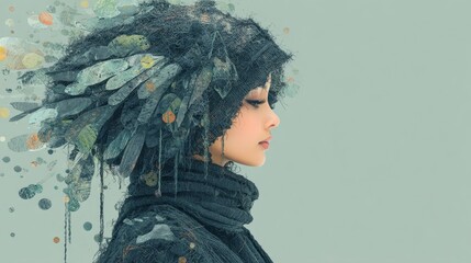 Artistic Portrait of a Model with Textured Black Wool-Like Hairstyle, Exuding Tranquility and Creativity in an Abstract Minimalist Setting, Emphasizing Clean Lines and Open Space