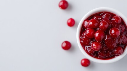 Blueberries in a white container with blueberry jam on a gray and white background, showcasing a minimalist and clean aesthetic with ample free space