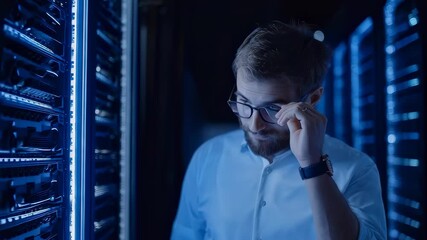 Caucasian man with beard and glasses inspecting server rack in illuminated data center, working on digital infrastructure for internet security, footage - Powered by Adobe