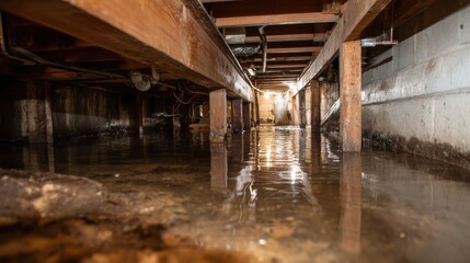 Stunning photo of flooded crawl space under a house with standing water and wooden beams.