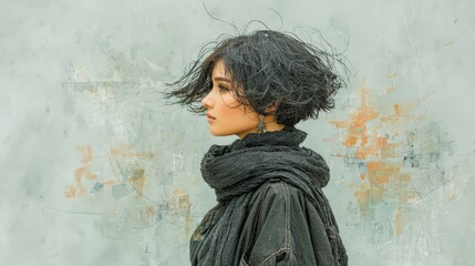 Artistic Portrait of a Model with Textured Black Wool Hairstyle, Evoking Tranquility and Creativity in an Abstract Style, Set Against a Minimalist Background