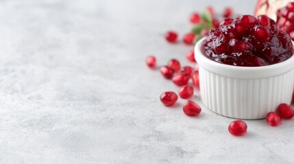 Blueberries in a white container with blueberry jam on a gray and white background, showcasing a minimalist and clean aesthetic, emphasizing the vibrant colors and textures