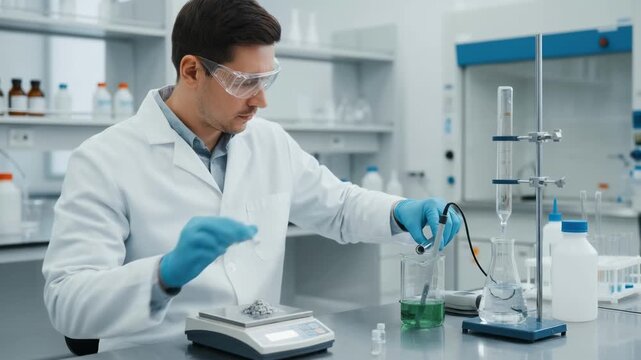 Medium shot capturing a technician conducting chemical analysis on crushed silver ore using precise lab instruments for quality assessment.