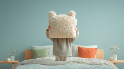 Joyful Playfulness, a person standing on a bed, holding a fluffy pillow high, exuding a sense of fun and lightheartedness in a clean, minimalist room with ample space