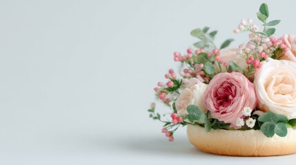 Whimsical Burger Creation, a vibrant burger bursting with colorful roses and lush foliage, set against a minimalist background, showcasing an artistic culinary twist.
