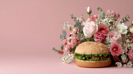 Vibrant Burger with Colorful Roses and Lush Foliage in a Minimalist Setting, Creative Culinary Art, Imaginative Ingredients, Unique Presentation, Striking Visual Appeal
