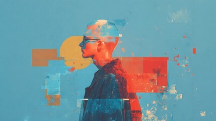 Man's face partially lit in red against a vibrant blue backdrop, featuring a glitch effect, minimalist aesthetic, emphasizing contrast and isolation.