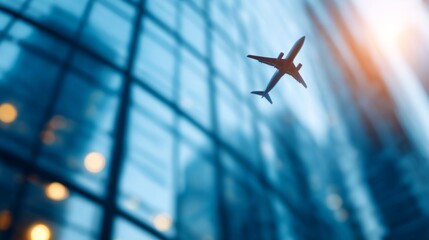 Airplane soaring above gleaming skyscrapers in a financial district, abstract cityscape backdrop, minimalist aesthetic, clean lines, ample negative space