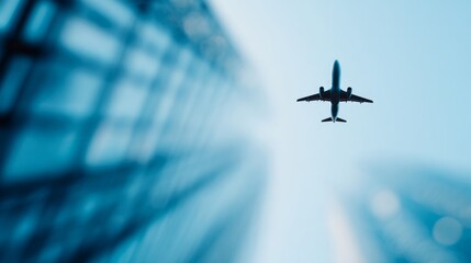 Airplane soaring above sleek glass skyscrapers in a financial district, abstract cityscape backdrop, minimalist design, expansive clear space, urban elegance