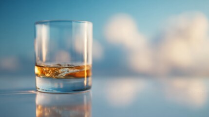 Reflective Serenity, a glass filled with a refreshing drink sits before a mirror showcasing a vibrant sky, clouds softly mirrored, embodying a surreal summer aesthetic in a minimalist setting.