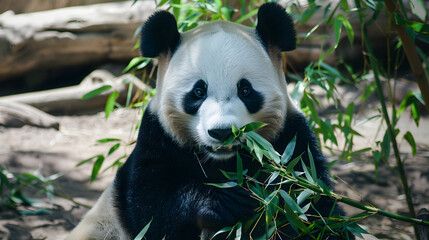 Fototapeta premium Giant Pandas Feeding in Bamboo Forest: Black-and-White Bears Chewing Fresh Bamboo Shoots, Tender Leaves & Stalks—Lazy, Cute Foraging Behavior in Dense Bamboo Groves of Sichuan/Wolong National Nature R